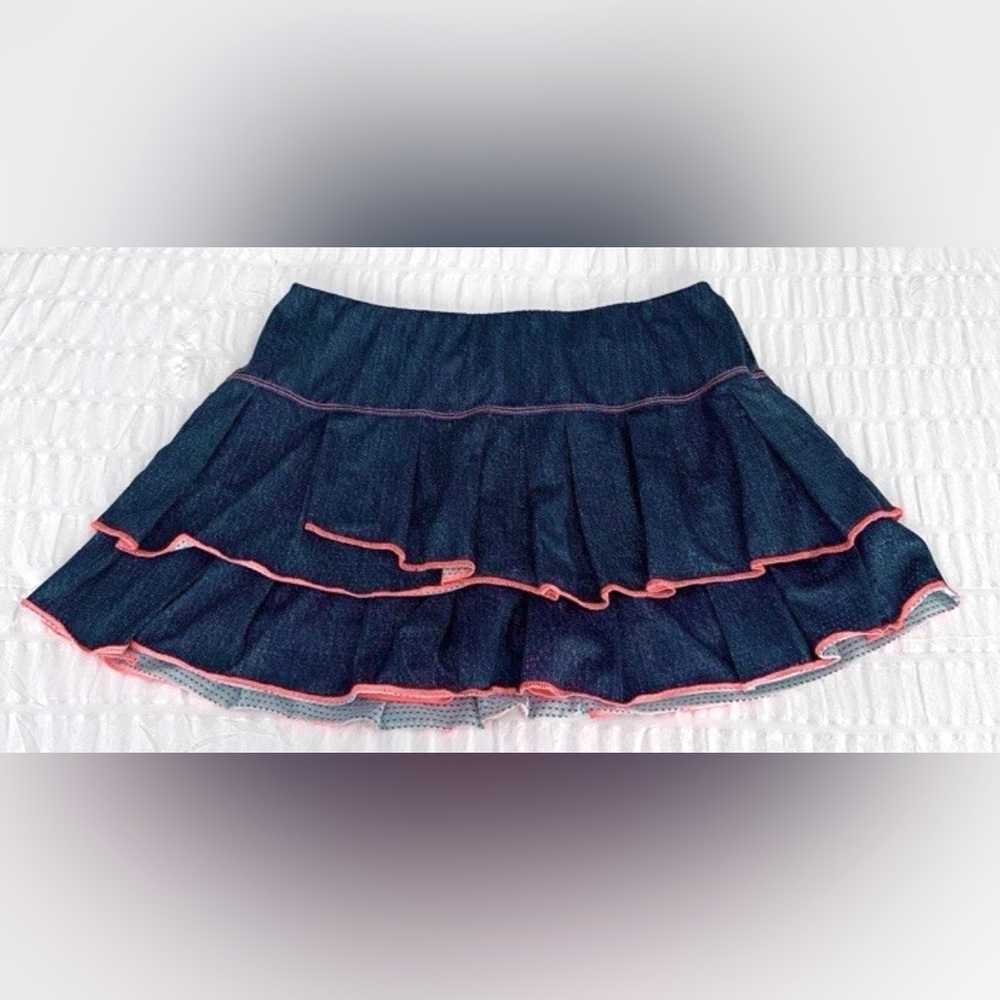 Women's Lucky In Love Size S (4-6) Pleated Tiered Skort Navy Neon Orange